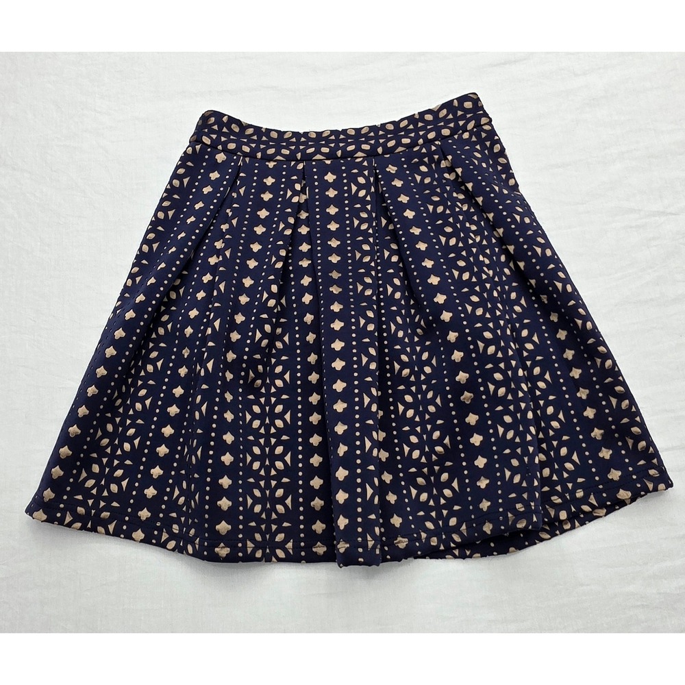 Blue Rain Pleated Skirt Womens Small Navy Blue Tan‎ Laser Cut A-Line